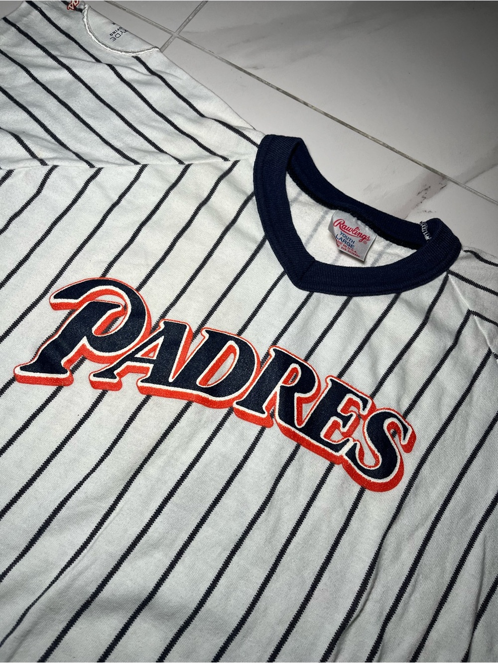 Vintage Rawlings Kids 'Padres' Navy Stripe Baseball Tee